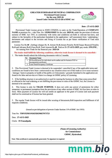 Indie Hyderabad tymczasowa Licencja handlowa słowo i szablon PDF